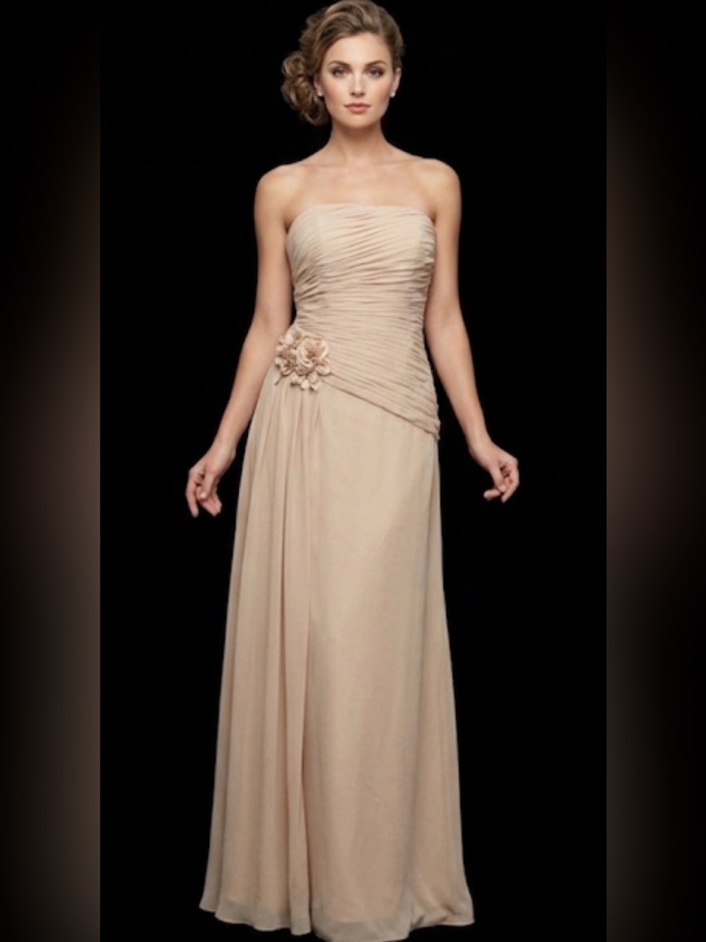 May Queen Strapless Ruched Chiffon Gown in Champagne Beige